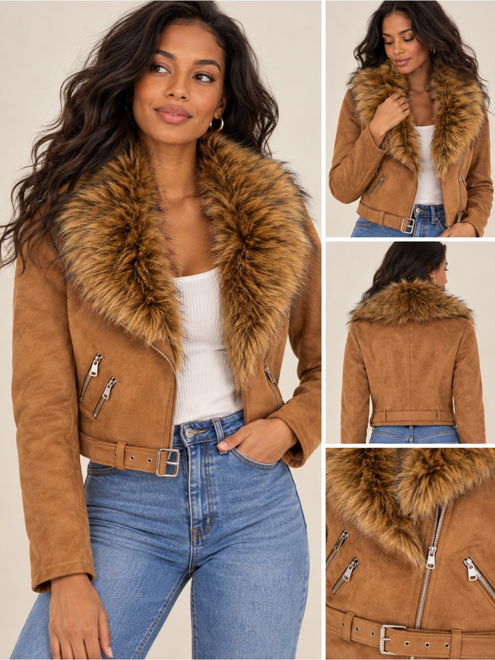 Bellivera Camel Faux Suede Faux Fur Lined Moto Jacket Belted Size M